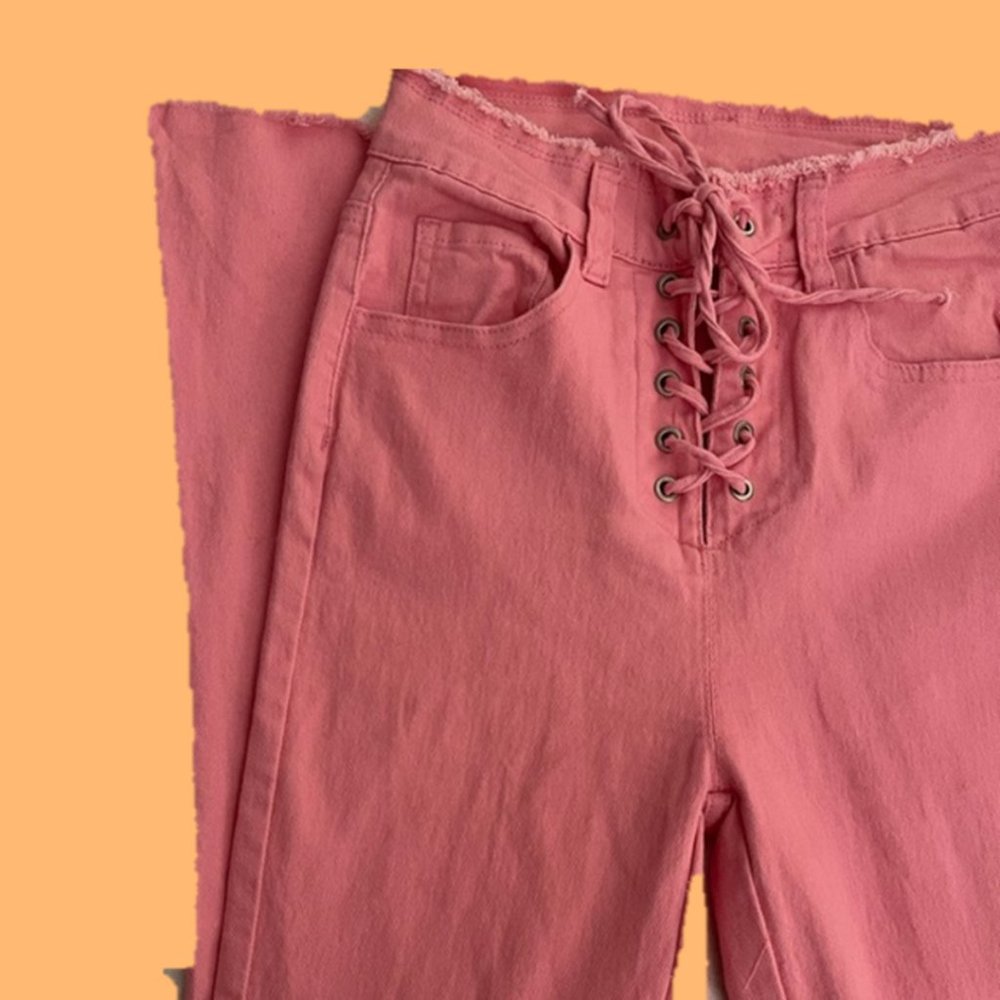 Bubblegum Pink High-waisted Lace-Up Flare Jeans
